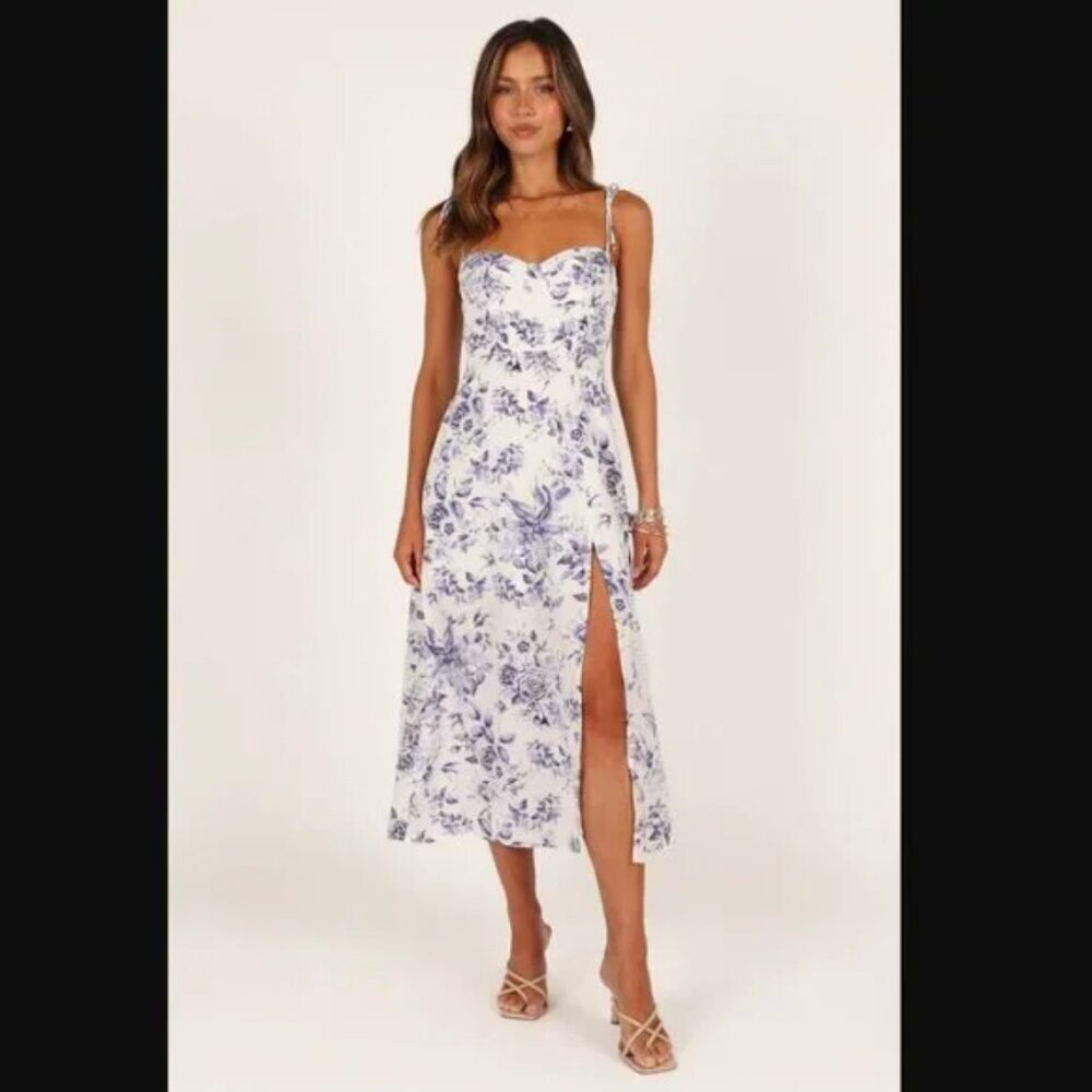 Petal & Pup Azelia White Blue Floral Tie Shoulder Midi Dress 8 - Picture 1 of 10